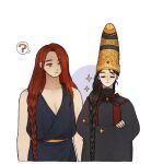 1boy 1girl ? black_hair black_robe blue_robe braid closed_eyes crossed_arms donar0217 husband_and_wife long_hair pointy_hat radagon_of_the_golden_order red_hair rennala_queen_of_the_full_moon robe simple_background sparkle very_long_hair yellow_eyes 