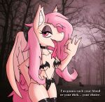  absurd_res anthro bikini blow_job_gesture choker clothing dialogue equid equine female flutterbat_(mlp) fluttershy_(mlp) friendship_is_magic gesture hair hasbro hi_res horse jewelry legwear mammal messy_hair my_little_pony necklace pink_eyes pink_hair ponporio_(artist) pony solo stockings swimwear wings 