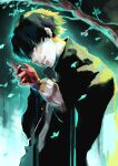  1boy absurdres bangs black_hair black_jacket branch grey_shirt hands_up highres jacket kaneki_ken kyuuba_melo long_sleeves male_focus parted_lips red_eyes shirt short_hair smile solo teeth tokyo_ghoul tokyo_ghoul:re 