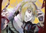  1boy absurdres antenna_hair bangs collared_shirt earrings grey_jacket grin hands_up highres index_finger_raised jacket jewelry kyuuba_melo multicolored_background outline ring sharp_teeth shirazu_ginshi shirt short_hair smile solo teeth tokyo_ghoul tokyo_ghoul:re white_outline 