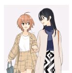  2girls ahoge bag bangs black_hair coat grey_background highres holding holding_bag holding_hands interlocked_fingers jewelry koito_yuu long_hair long_sleeves multiple_girls nanami_touko necklace nyamo open_mouth orange_eyes orange_hair purple_eyes shirt short_hair shorts simple_background turtleneck white_shirt yagate_kimi_ni_naru yuri 