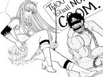  1boy 1girl asymmetrical_arms bb_(baalbuddy) blindfold boots breasts chain chain_leash coomer_(meme) elbow_gloves english_text fate/grand_order fate_(series) fujimaru_ritsuka_(male) gloves greyscale high_heel_boots high_heels highres holding holding_riding_crop leash long_hair medb_(fate) meme monochrome pleated_skirt riding_crop sign simple_background skirt thighs white_background 