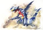  black_sclera claws colored_sclera commentary_request garchomp highres looking_down mhxbump no_humans open_mouth pokemon pokemon_(creature) sharp_teeth signature solo spikes teeth yellow_eyes 