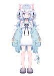  1girl :3 animal_ears animal_slippers aqua_hair bell blue_cardigan cardigan cat_ears cat_girl cat_tail clothes_down d_omm dress frilled_dress frills full_body hair_bell hair_ornament highres indie_virtual_youtuber jingle_bell long_hair multicolored_hair nekono_shiyu open_cardigan open_clothes oversized_clothes second-party_source short_dress sleeves_past_fingers sleeves_past_wrists slippers smile standing streaked_hair tail two-tone_hair two_side_up white_dress white_hair 
