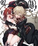  &gt;o&lt; 2girls ayahi_4 bangs barefoot black_dress black_shirt blonde_hair blush bow bowtie breasts chain chinese_clothes cleavage closed_eyes clothes_writing commentary crescent dress gold_chain groping hair_between_eyes hecatia_lapislazuli highres hug hug_from_behind junko_(touhou) long_hair long_sleeves medium_breasts multicolored_clothes multicolored_skirt multiple_girls off-shoulder_shirt off_shoulder open_mouth phoenix_crown plaid plaid_skirt polos_crown pom_pom_(clothes) red_hair red_tabard shirt short_hair skirt sweat t-shirt tabard touhou translated underworld_(ornament) wide_sleeves yellow_bow yellow_bowtie yuri 