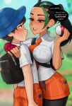  1boy 1girl arm_around_shoulder assertive_female backpack bag blush breasts florian_(pokemon) gloves highres loodncrood looking_at_another multicolored_hair naranja_academy_school_uniform necktie nemona_(pokemon) open_mouth orange_shorts pantyhose poke_ball poke_ball_(basic) pokemon pokemon_(game) pokemon_sv school_uniform shorts single_glove smile speech_bubble streaked_hair 