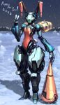  2023 absurdres chinese_zodiac clothed_robot english_commentary full_body happy_new_year highres ksenolog leotard mecha no_humans original playboy_bunny red_leotard robot science_fiction snow snowing solo standing v year_of_the_rabbit 