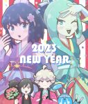  1boy 2023 3girls absurdres afterimage animal_ears aqua_eyes aqua_hair azumarill bede_(pokemon) blush confetti crossed_arms crying curly_hair dawn_(new_year&#039;s_2023)_(pokemon) dawn_(pokemon) detached_sleeves furisode_girl_(pokemon) furisode_girl_kali glowstick headband highres lisia_(new_year&#039;s_2023)_(pokemon) lisia_(pokemon) looking_at_viewer multiple_girls new_year official_alternate_costume open_mouth pokemon pokemon_(creature) pokemon_(game) pokemon_masters_ex pokemon_swsh pokemon_xy ponzumoon rabbit_ears sash smile translation_request twintails v-shaped_eyebrows w 