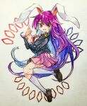  1girl :d absurdly_long_hair animal_ears bangs black_footwear black_jacket blazer blush commentary crescent crescent_pin full_body highres jacket key747h kneehighs loafers long_hair long_sleeves looking_at_viewer necktie open_mouth pink_skirt purple_hair rabbit_ears rabbit_girl rabbit_tail red_eyes red_necktie reisen_udongein_inaba shoes skirt smile socks solo tail touhou traditional_media very_long_hair white_socks 