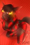  anthro arms_tied black_body black_fur bound cygnoserium demon equid equine fur hi_res horse legs_tied looking_at_viewer male male/male mammal red_eyes ribbons solo 
