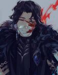  1boy black_hair blood blood_on_face closed_eyes coat genshin_impact glasses highres long_hair male_focus pantalone_(genshin_impact) smile 