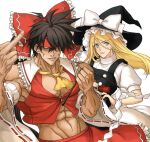  2boys abs angry ascot blonde_hair brown_hair censored clenched_hand cosplay crossdressing ebi_pri_shrimp gohei guilty_gear hakama hakama_skirt hakurei_reimu hakurei_reimu_(cosplay) hat japanese_clothes kirisame_marisa kirisame_marisa_(cosplay) ky_kiske large_pectorals long_hair middle_finger miko mosaic_censoring multiple_boys muscular muscular_male nontraditional_miko pectorals red_ribbon ribbon simple_background skirt sol_badguy sweatdrop touhou white_background white_ribbon witch_hat yellow_ascot 