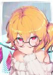  1girl alternate_costume bare_shoulders blonde_hair flandre_scarlet glasses hair_ribbon highres kabochamaronpie red_eyes red_ribbon ribbon round_eyewear short_hair solo sweater touhou upper_body 