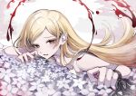  1girl 402_(o0_xxx) bare_arms bare_shoulders black_ribbon blonde_hair blood breasts commentary_request dress eyelashes fang floating_hair flower furrowed_brow kiss-shot_acerola-orion_heart-under-blade kizumonogatari light_blush long_hair looking_at_viewer lying monogatari_(series) no_bra official_art on_stomach oshino_shinobu parted_lips pointy_ears ribbon second-party_source sleeveless sleeveless_dress slit_pupils small_breasts solo spaghetti_strap swept_bangs vampire white_dress white_flower yellow_eyes 