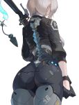  1girl absurdres ass black_gloves black_jacket breasts clenched_hand cropped_jacket cyborg from_behind gloves grey_hair highres jacket mechanical_legs mechanical_parts mechanical_spine original short_hair solo weapon yunimaru 