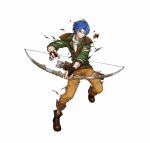  1boy armor arrow_(projectile) blue_eyes blue_hair bow_(weapon) brown_footwear clenched_hand clenched_teeth fire_emblem fire_emblem:_thracia_776 fire_emblem_heroes full_body green_shirt headband holding holding_bow_(weapon) holding_weapon official_art one_eye_closed pants pauldrons quiver ronan_(fire_emblem) shirt shoulder_armor teeth torn_clothes uroko_(mnr) weapon white_headband yellow_pants 