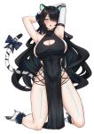  1girl :o absurdres animal_ears armpits arms_behind_head black_dress black_hair black_sash blue_eyes blue_hair blush bow breasts cleavage cleavage_cutout clothing_cutout commission covered_navel cross-laced_slit curvy dress erina_makina fur_armlet hair_over_one_eye highres kneeling large_breasts long_hair mchiefy mechanical_arms multicolored_hair no_panties nose_blush open_mouth pelvic_curtain phase_connect revealing_clothes sash sideboob sideless_dress single_mechanical_arm solo streaked_hair tail tail_bow tail_ornament thighs tiger_ears tiger_girl tiger_tail very_long_hair virtual_youtuber 