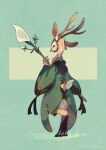  1other androgynous animal_ears antlers artist_name coat commentary deer_ears deer_tail digitigrade english_commentary flower from_behind full_body furry furry_other green_background green_coat green_eyes hand_up highres holding holding_flower hooves horizontal_pupils legs_together long_sleeves looking_at_viewer looking_back murayama_ryouta original other_focus signature solo standing tail tail_through_clothes two-tone_background white_flower wide_sleeves yellow_background 