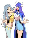  2girls absurdres ahoge blue_pants blue_ribbon blue_shirt breasts camisole cleavage coat collarbone crossover curled_horns fur-trimmed_coat fur_trim hand_in_own_hair highres horns karen_(pokemon) large_breasts long_hair looking_at_viewer mask mouth_mask multicolored_hair multiple_girls one_piece pants pokemon pokemon_hgss ribbon shirt skirt ulti_(one_piece) vmfhaldnjfem white_background white_shirt yellow_camisole 