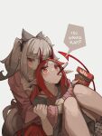  2girls absurdres animal_ear_fluff animal_ears arknights black_shirt blush closed_mouth collarbone demon_girl demon_horns demon_tail english_text food food_in_mouth frostleaf_(arknights) grey_background grey_hair half-closed_eyes highres horns hug hug_from_behind knees_up long_hair long_sleeves mouth_hold multiple_girls pink_shirt pocky pointy_ears red_eyes red_hair shirt short_sleeves simple_background tail togekk0 very_long_hair vigna_(arknights) wide_sleeves yuri 