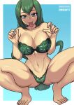  1girl asui_tsuyu boku_no_hero_academia bra breasts cleavage frog_girl green_bra green_eyes green_hair green_panties hair_rings hands_up large_breasts long_hair long_tongue navel panties redjet solo squatting strapless strapless_bra tongue tongue_out underwear 