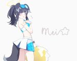  1girl animal_ears black_hair blue-tinted_eyewear blue_archive blush cheerleader cowboy_shot dog_ears dog_tail grey_eyes halo hibiki_(blue_archive) hibiki_(cheer_squad)_(blue_archive) holding holding_pom_poms long_hair looking_at_viewer millennium_cheerleader_outfit_(blue_archive) mimitoke official_alternate_costume open_mouth pom_pom_(cheerleading) ponytail safety_glasses solo tail tinted_eyewear yellow_halo 