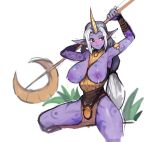  1girl arms_up breasts colored_skin grass highres horns icek kneeling lactation large_breasts league_of_legends nipples purple_skin riot_games solo soraka_(league_of_legends) white_background white_hair 