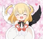  1girl :d ^_^ black_bow black_wings blonde_hair bow closed_eyes collared_dress commentary_request detached_sleeves double_v dress facing_viewer fur-trimmed_dress fur-trimmed_sleeves fur_trim gloves heart heart_background long_hair long_sleeves marl_(shironeko_project) mismatched_wings mitya red_gloves shironeko_project sleeveless sleeveless_dress smile solo striped striped_bow twitter_username two_side_up v white_dress white_sleeves white_wings wide_sleeves wings 