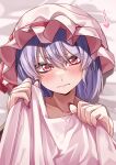  1girl absurdres bed_sheet close-up embarrassed heart highres holding holding_sheet looking_at_viewer maboroshi_mochi pink_headwear pink_nails purple_hair red_eyes remilia_scarlet short_hair solo touhou under_covers 