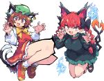  2girls :3 :d absurdres animal_ear_fluff animal_ear_piercing animal_ears ass bare_legs blush bow bowtie brown_eyes brown_hair cat_ears cat_girl cat_tail chen claw_pose cocokana commentary_request dress earrings fang fingernails flat_chest full_body gold_trim green_headwear hair_between_eyes hair_ribbon hat highres jewelry kaenbyou_rin long_hair long_sleeves looking_at_viewer mob_cap multiple_girls multiple_tails nail_polish nekomata notice_lines perspective petticoat pointy_ears puffy_long_sleeves puffy_sleeves red_eyes red_hair ribbon sharp_fingernails shoes simple_background single_earring skin_fang smile sneakers tail touhou twintails two_tails v-shaped_eyebrows white_background yellow_bow yellow_bowtie 