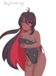  1girl alternate_costume dark-skinned_male dark_skin dogpuddings frown highres lunime non-web_source towel white_background 