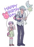  1boy 1girl :d bag balloon black_pants blunt_bangs brown_footwear collared_shirt commentary crescent_balloon dress full_body green_scrunchie hair_between_eyes hair_ornament hair_scrunchie hand_up happy_birthday holding holding_balloon idol_land_pripara loafers long_sleeves looking_at_another manaka_non manaka_non_(normal) multicolored_hair neckerchief ooedo_shinya open_mouth pants paprika_private_academy_school_uniform pink_hair pink_neckerchief pretty_series pripara purple_eyes purple_hair rituyama1 school_bag school_uniform scrunchie shirt shoes short_dress short_hair short_sleeves side_ponytail simple_background smile standing star_balloon streaked_hair white_background white_hair white_shirt yellow_dress 