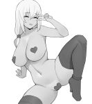  1girl arm_support arm_up boots breasts closed_eyes collarbone commentary donburi_(donburikazoku) english_commentary greyscale groin hair_between_eyes heart_maebari heart_pasties high_heel_boots high_heels highres large_breasts light_blush linea_alba long_hair maebari mature_female monochrome nude open_mouth pasties simple_background smile solo spread_legs teeth thigh_boots unfinished upper_teeth_only uzaki-chan_wa_asobitai! uzaki_tsuki v white_background 