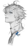 1boy ahoge alphinaud_leveilleur blue_eyes earrings elezen elf final_fantasy final_fantasy_xiv hair_between_eyes hair_tie highres jewelry looking_at_viewer male_focus monochrome nokhong_y pointy_ears short_hair_with_long_locks single_earring solo spot_color upper_body white_background white_hair 