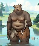 2024 accidental_exposure anthro balls bear belly brown_body brown_fur detailed_background fur genitals half-closed_eyes hi_res holding_fish looking_at_viewer male mammal moobs narrowed_eyes nipples open_mouth open_smile outside overweight overweight_anthro overweight_male partially_submerged penis plant slightly_chubby smile solo sur12ta tree water