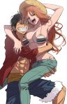 1boy 1girl abs bikini black_hair breasts closed_eyes denim grin hat highres hug jeans large_breasts long_hair maiko_(setllon) monkey_d._luffy nami_(one_piece) one_piece open_clothes orange_hair pants scar scar_on_face shorts shoulder_tattoo smile straw_hat striped striped_bikini swimsuit tattoo white_background 