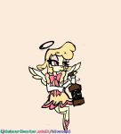 alcohol angel animated annoyed anthro beverage blush bottle bottomwear bovid bow_ribbon caprine cherub clenched_teeth clothed clothing clothing_lift colored container cross-popping_vein dialogue dress english_text eye_roll feathered_wings feathers female fist flying frown genitals gesture halo helluva_boss hi_res holding_bottle holding_container holding_object insult keenie_(helluva_boss) line_art looking_at_viewer mammal middle_finger monochrome presenting presenting_pussy profanity pussy sheep short_playtime simple_background skirt skirt_lift solo soulcentinel spread_legs spreading tail_under_skirt teeth text whiskey white_background wings