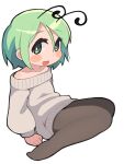  1girl :d alternate_costume antennae blush brown_pantyhose collarbone commentary flat_chest full_body green_eyes green_hair grey_background grey_sweater hair_between_eyes highres long_bangs looking_at_viewer off-shoulder_sweater off_shoulder open_mouth pantyhose short_hair simple_background sitting smile solo sweater touhou ugif wriggle_nightbug 