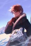  1boy absurdres alternate_costume animal black_coat blue_eyes boku_no_hero_academia brown_eyes closed_mouth coat day fur-trimmed_coat fur_trim gloves heterochromia highres male_focus matsumotoshinnnosuke multicolored_hair outdoors red_gloves red_hair smile snow snow_leopard solo split-color_hair todoroki_shouto two-tone_hair white_hair winter_clothes winter_coat 