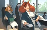  !? 2girls =_= absurdres animal_ears armrest ashinowoto bag barefoot blush bottle brown_eyes brown_hair commentary handbag highres holding holding_bottle horse_ears horse_girl indoors japanese_clothes kimono long_hair long_sleeves massage_chair matikane_tannhauser_(umamusume) multicolored_hair multiple_girls nice_nature_(umamusume) on_chair red_hair sitting streaked_hair towel towel_on_head translation_request umamusume window yukata 