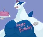 2023 ambiguous_gender anthro big_breasts biped birthday birthday_cake blue_background blue_body blush body_writing breasts cake candle dessert digital_drawing_(artwork) digital_media_(artwork) disembodied_hand double_chin duo embarrassed fangs fire food food_on_breasts generation_2_pokemon happy_birthday hi_res holding_food holding_object holding_plate legendary_pokemon lugia male_(lore) moobs multicolored_body nintendo obese obese_ambiguous obese_anthro open_mouth overweight overweight_ambiguous overweight_anthro pecs pokemon pokemon_(species) simple_background solo_focus teeth text_on_body tongue two_tone_body white_body writing_on_chest xeniyy