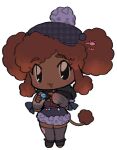  1girl :3 animal_ears beret black_eyes borrowed_character brown_hair charm_(object) chest_harness chibi curly_hair dark-skinned_female dark_skin dog_ears dog_girl dog_tail double_bun dress elbow_gloves fingerless_gloves full_body fur-tipped_tail fur-trimmed_dress fur_trim gloves hair_bun hair_ornament hairpin hands_up harness hat heart heart_hair_ornament holding holding_charm lapithai looking_at_viewer lowres medium_hair open_mouth original paw_hair_ornament pom_pom_(clothes) poodle purple_dress sidelocks simple_background sleeveless sleeveless_dress solo standing tail thighhighs transparent_background 