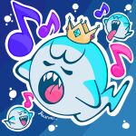  3boys artist_name blue_background boo_(mario) crown ghost ghost_tail highres king_boo m4carunes mario_(series) multiple_boys music musical_note nintendo no_humans open_mouth singing super_mario_bros._wonder tongue tongue_out 