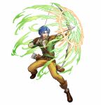  1boy armor arrow_(projectile) blue_eyes blue_hair bow_(weapon) brown_footwear clenched_hand fire_emblem fire_emblem:_thracia_776 fire_emblem_heroes full_body green_shirt headband holding holding_bow_(weapon) holding_weapon official_art open_mouth pants pauldrons quiver ronan_(fire_emblem) shirt shoulder_armor uroko_(mnr) weapon white_headband 