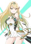  &gt;:) 1girl bare_shoulders blonde_hair breasts chobi0521 cleavage cleavage_cutout closed_mouth clothing_cutout commentary dress elbow_gloves gloves headpiece highres holding holding_sword holding_weapon long_hair medium_breasts mythra_(xenoblade) pleated_dress sleeveless sleeveless_dress smile solo sword twitter_username v-shaped_eyebrows very_long_hair weapon white_background white_dress white_gloves xenoblade_chronicles_(series) xenoblade_chronicles_2 yellow_eyes 