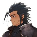  1boy armor blue_eyes classystaches closed_mouth commentary crisis_core_final_fantasy_vii cross_scar final_fantasy final_fantasy_vii final_fantasy_vii_remake hair_slicked_back male_focus portrait ribbed_sweater scar scar_on_cheek scar_on_face short_hair shoulder_armor smile solo spiked_hair sweater turtleneck turtleneck_sweater twitter_username upper_body white_background zack_fair 