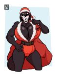 anthro big_breasts black_body black_fur black_hair bone breasts camel_toe canid canine christmas christmas_clothing christmas_headwear clothing costume fangs female freckles_(artist) fur hair hat headgear headwear holidays huge_breasts inner_side_boob mammal nipple_outline open_mouth open_smile sack santa_costume santa_hat scp-1471 scp_foundation skull skull_head smile solo teeth wide_eyed