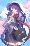  1girl cherry_blossoms cloud contemporary dango day eating falling_petals food genshin_impact hair_ornament highres holding holding_food holding_skewer jacket long_hair looking_at_viewer nagelicat outdoors petals pleated_skirt purple_eyes purple_hair raiden_shogun sanshoku_dango scarf skewer skirt sky thighs wagashi 