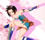  1girl bare_shoulders black_hair breasts brown_eyes closed_mouth dress gensou_suikoden gensou_suikoden_iv gloves looking_at_viewer looking_to_the_side mizuki_(suikoden) onnaski panties short_hair skirt solo turning_head underwear white_panties 