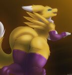 2020 absurd_res anthro armwear artist_name bandai_namco big_breasts breasts butt clothing digimon digimon_(species) elbow_gloves eyebrows fangs female fur genitals gloves gradient_background handwear hi_res kneeling legwear open_mouth open_smile pussy renamon side_boob simple_background smile solo stockings teeth thigh_highs white_body white_fur yellow_body yellow_fur zellrek